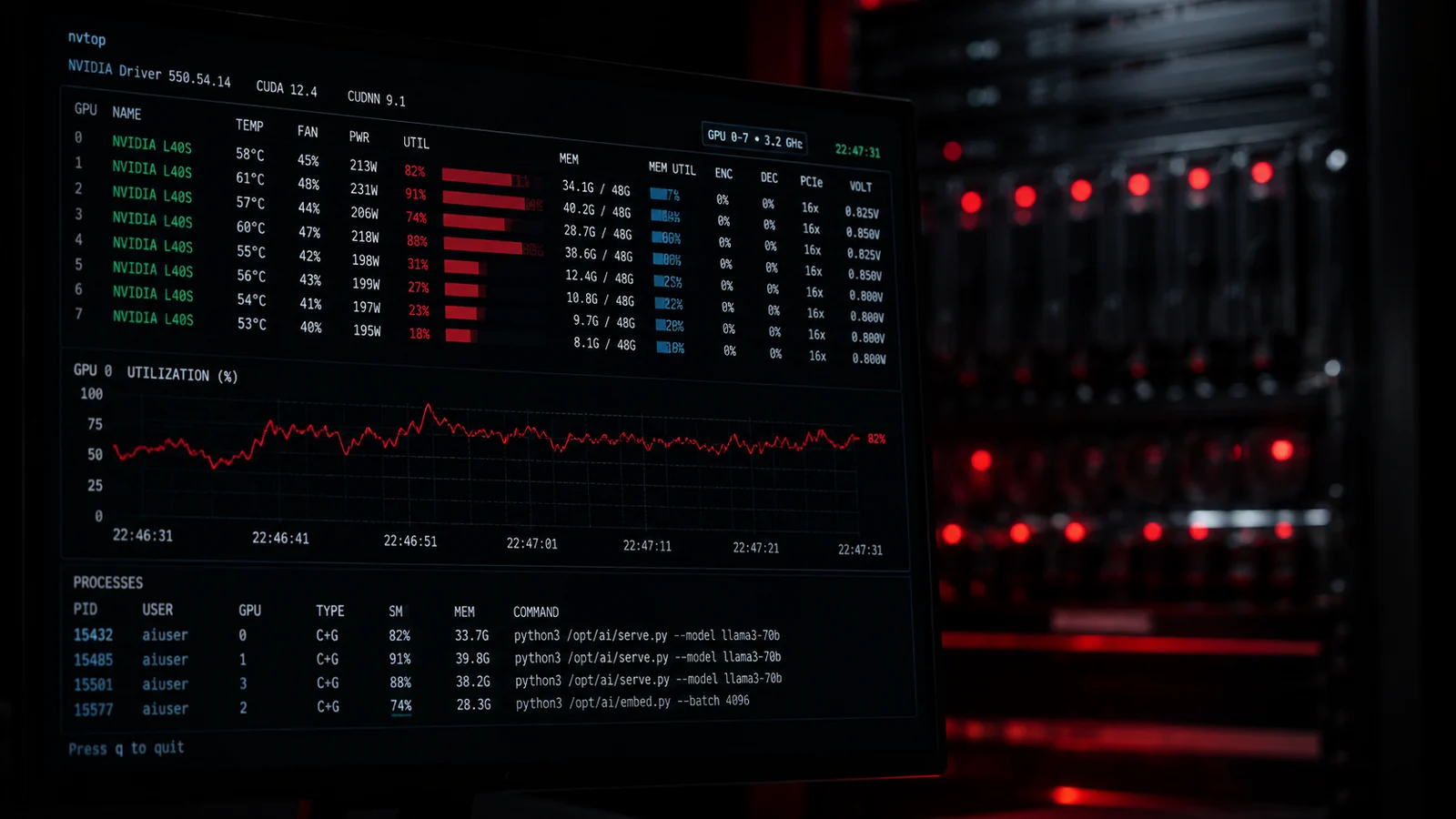nvtop terminal showing local large language models serving across on-prem NVIDIA GPUs