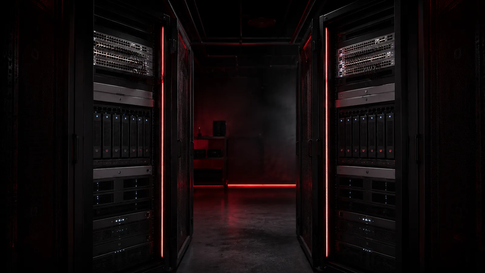 Aisle between two matte-black server racks lit with red accent strips in an on-prem lab