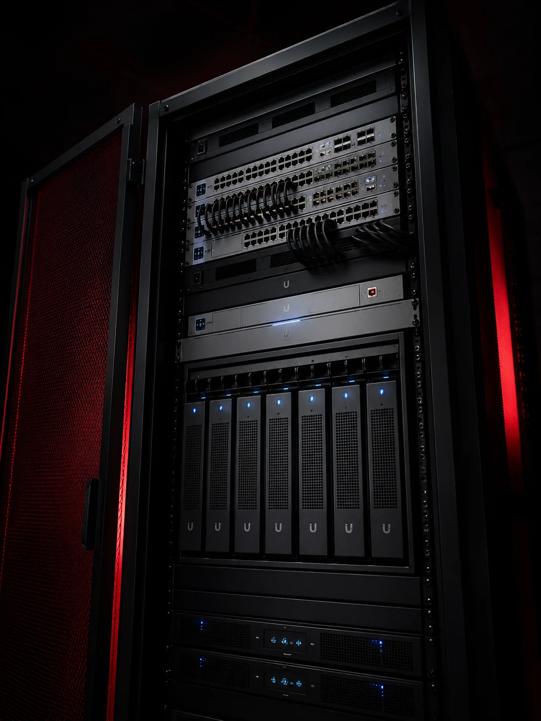 Rack of UniFi network switches and compute blades with status LEDs